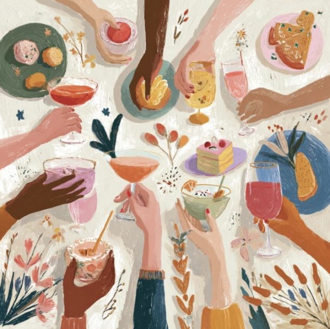 An illustration of many hands raising glasses and dishes of food over a table